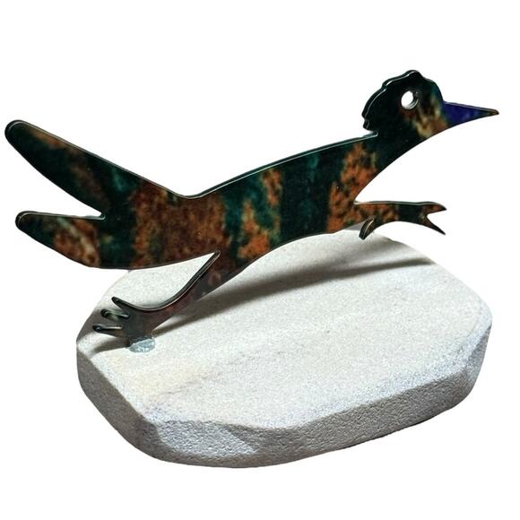 Southwest Enameled Metal Sculpture Roadrunner Sandstone Base 3" Decorative Bird - Picture 6 of 10